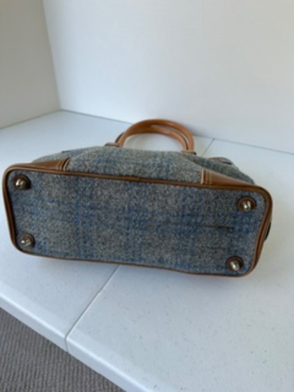 COACH Satchel handbag - Blue/Gray plaid wool and tan leather - Picture 5 of 8